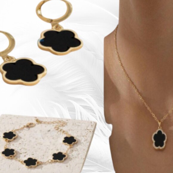 Jewelry - New Jewelry Set with Black Flower Pendants: Earrings, Bracelet and Necklace
